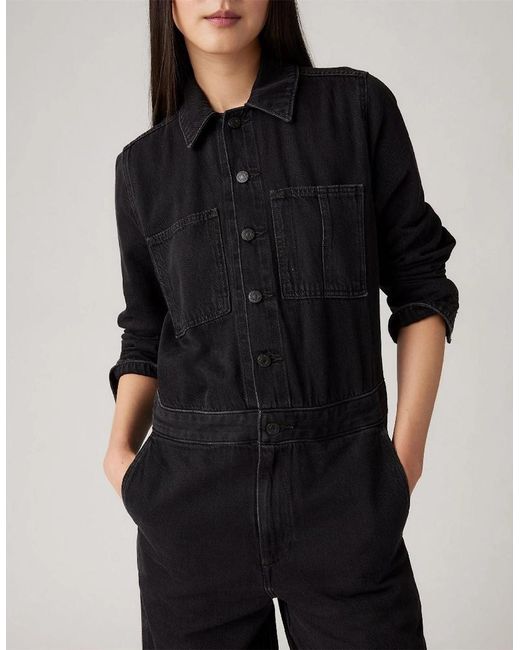 Levi's Black Levi's Iconic Collared Neck Long Sleeve Solid Patterned Jumpsuit