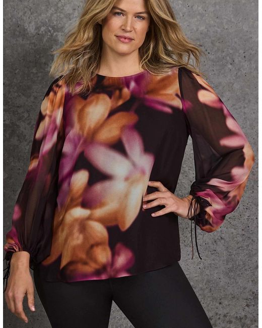 Live Unlimited London Brown Floral Placement Print Tie Sleeve Top