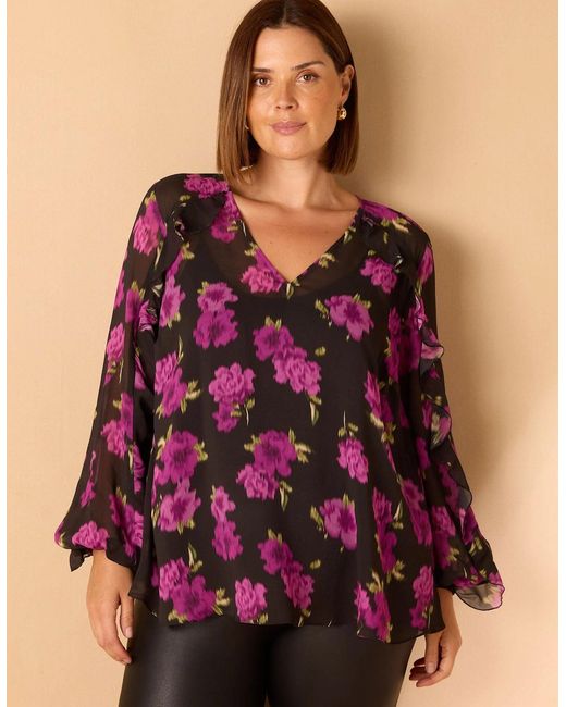 Live Unlimited London Purple Floral Print V Neck Ruffle Blouse