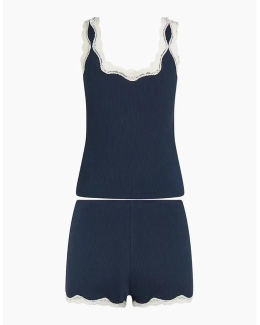 Tommy Hilfiger Blue Th Lace Ribbed Camisole & Shorts Pyjama Set, Dark Night
