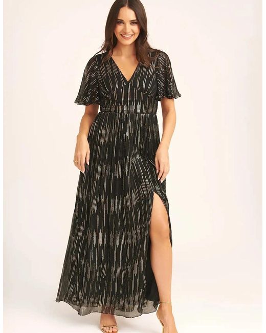 Gini London Black Stripe Foil Angel Sleeves Maxi Dress