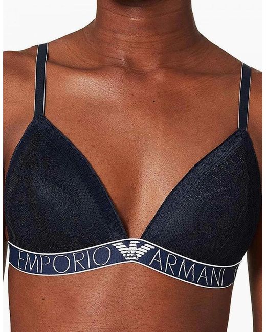 Emporio Armani Blue Logoband Lace Padded Triangle Bra, Marine
