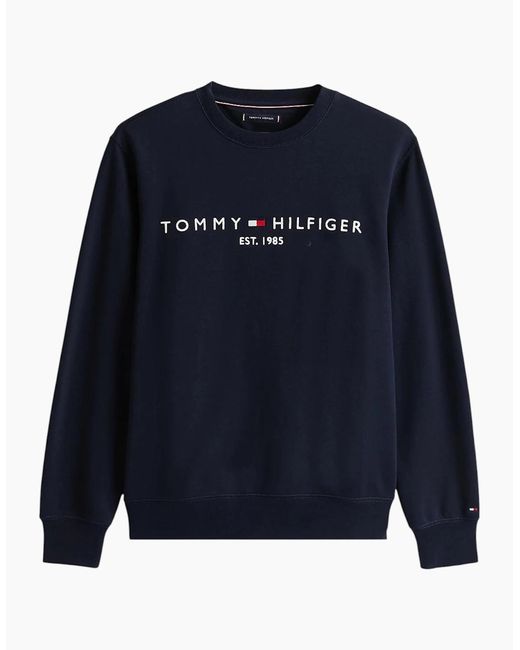 Tommy Hilfiger Blue Fleece Sweatshirt Embroidered Logo Pullover Crew Neck Jumper for men