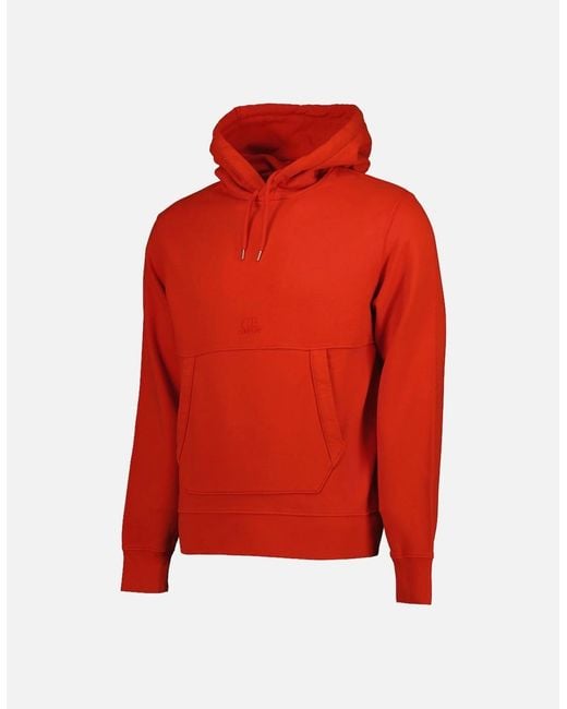 C P Company Red Brushed Fleece Resist Dyed Logo Hoodie for men