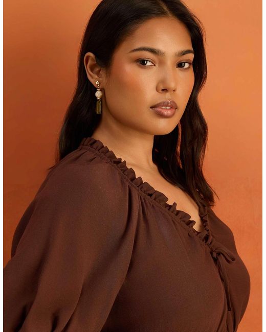 Live Unlimited London Brown Puff Sleeve Elasticated Waist Dress