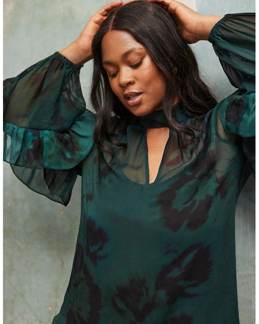 Live Unlimited London Green Floral Print High Neck Ruffle Blouse