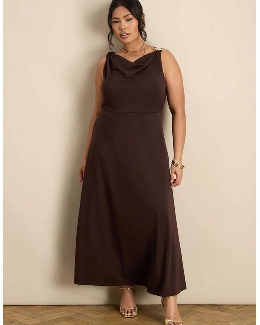 Live Unlimited London Brown Asymmetric Twist Maxi Dress With Trim