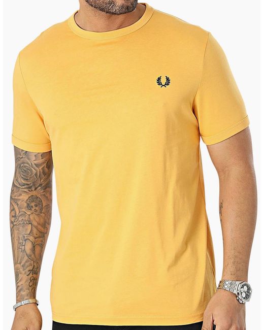 Fred Perry Yellow T Shirt Ringer Crew Neck Short Sleeve Summer Tee for men