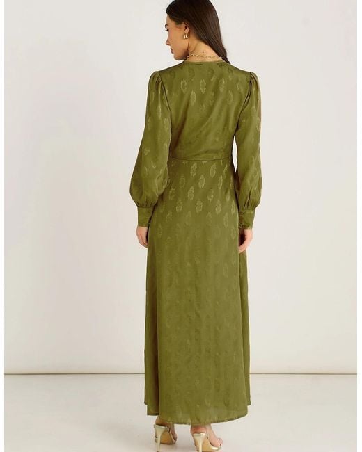 Gini London Green Long Sleeve Floral Satin Jacquard Maxi Dress