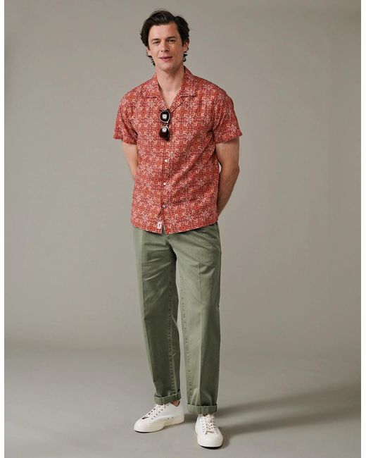 aubi Red Abbey Cuban Collar Short Sleeved Shirt for men