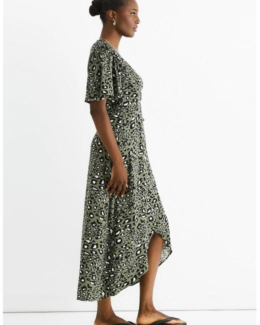 Gini London Green Khaki Animal Print Viscose Wrap Midi Dress