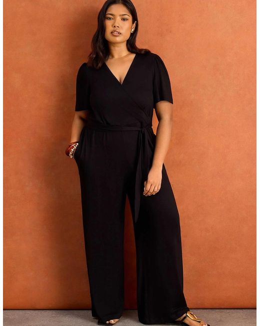 Live Unlimited London Blue V Neck Wrap Flutter Sleeve Jersey Jumpsuit