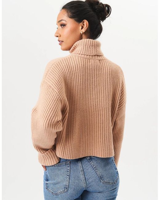 Gini London Blue Camel High Neck Chunky Knit Crop Jumper