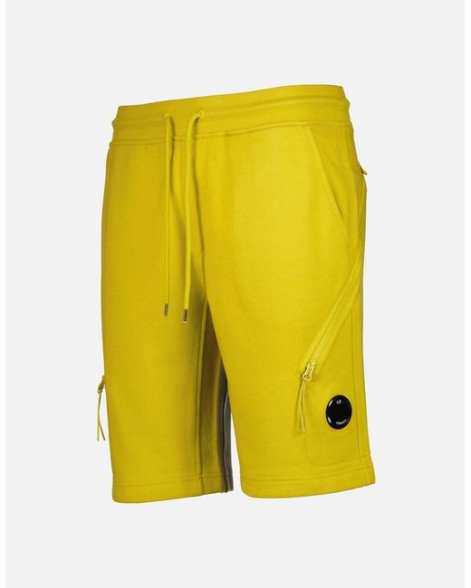 C P Company Yellow Diagonal Fleece Lens Sweat Shorts for men