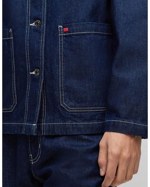 Boss Blue Solid Patterned Denim Jacket With Shirt Collar for men
