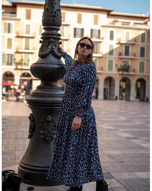 Gini London Blue Animal Print Shirred High Neck Maxi Dress