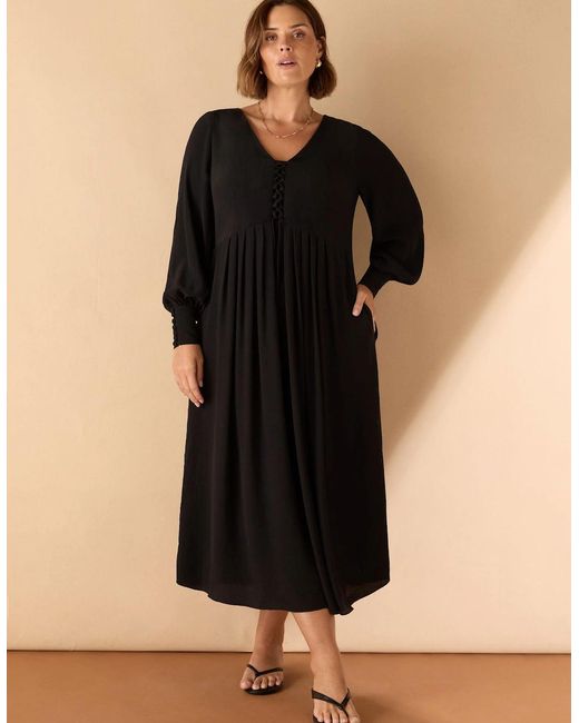 Live Unlimited London Black Lace Up Blouson Sleeve Midi Dress