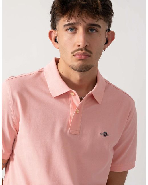 Gant Pink Regular Fit Short Sleeve Shield Logo Pique Polo for men