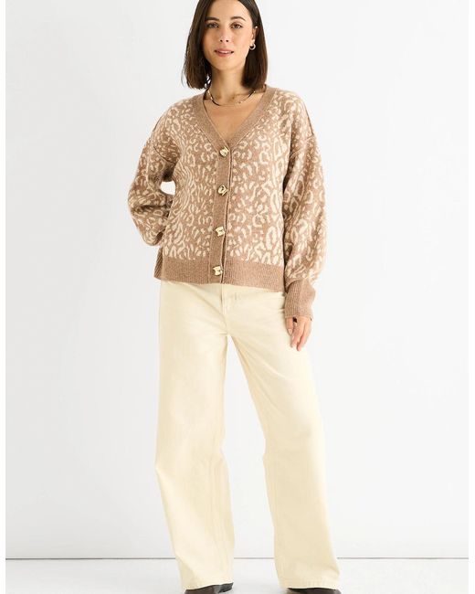 Gini London Natural Camel Animal Print Wool Mix Cardigan Look Jumper
