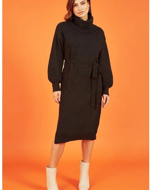 Yumi' Black Roll Neck Midi Sweater Dress