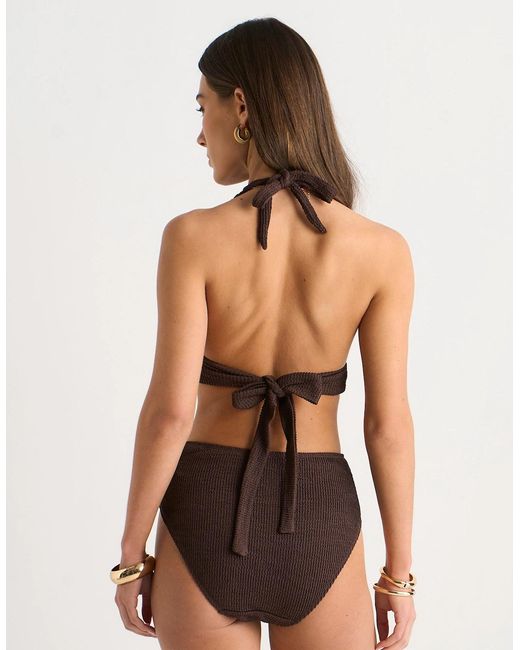 Gini London Brown Textured High Waisted Bottoms With Ring Belt Detail