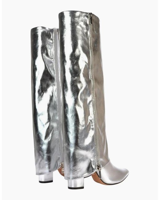 XY London White Ladies Allie Fold Over Metallic Pointed Side Zip Knee-High Boots