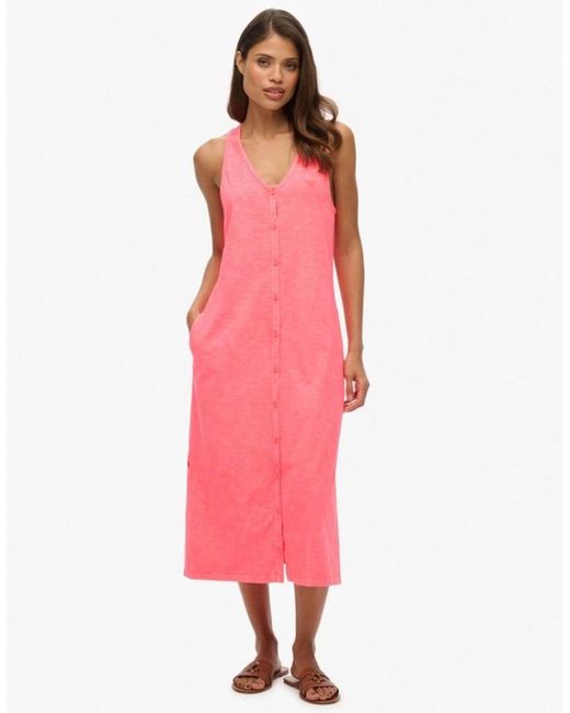Superdry Pink Beach Jersey Vest Midi Dress Fiery Coral