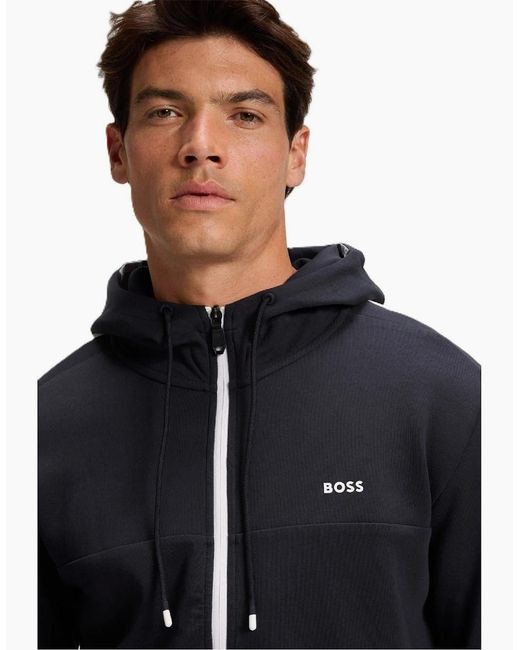 Boss Blue Saggynos Solid Patterned Hooded Drawstring Ribbed Cuff Jacket for men