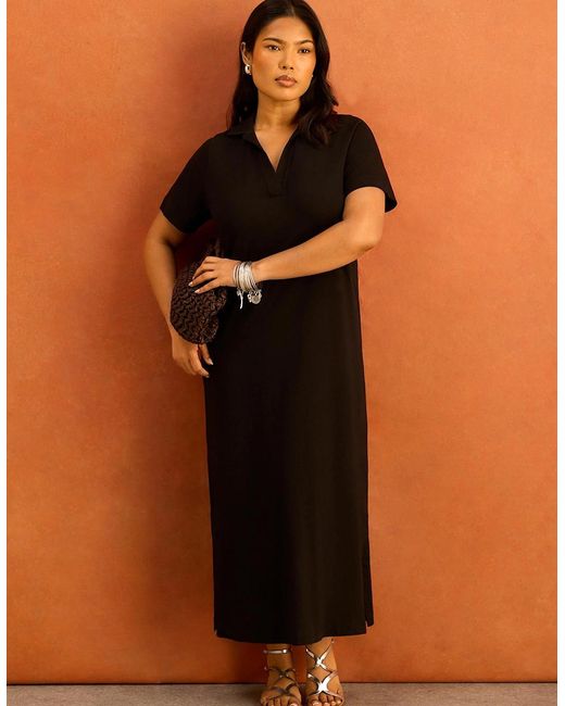 Live Unlimited London Orange Slub Jersey Polo Collared Midi Dress