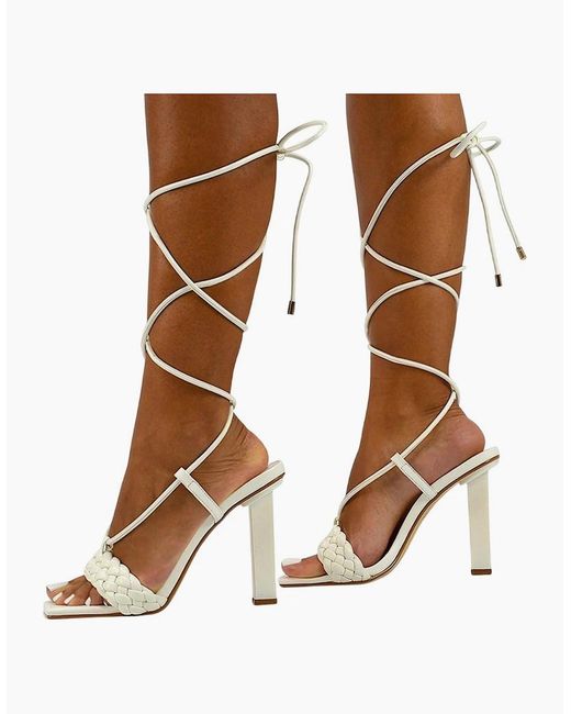 XY London White Ladies Mira Strappy Square Toe Lace Up Block Heel High Heels