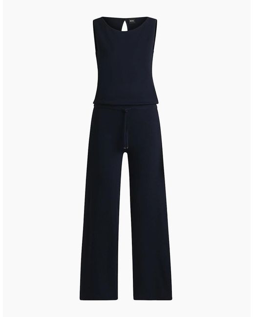 Boss Blue Jewel Neck Solid Patterned Sleeveless Jumpsuit