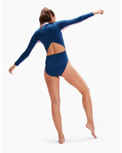 Speedo Blue Ladies Panelled Long-Sleeved One Piece Swimsuit