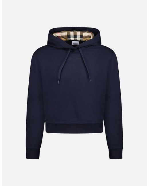 Burberry Blue 'Talley' Embroidery Logo Check Hooded Sweatshirt