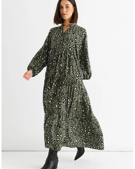 Gini London Green Khaki Viscose Animal Oversized Smock Maxi Dress