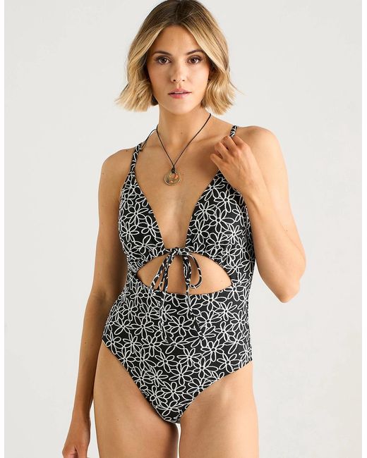 Gini London Blue Mono Floral Tie-Front Jacquard Swimsuit