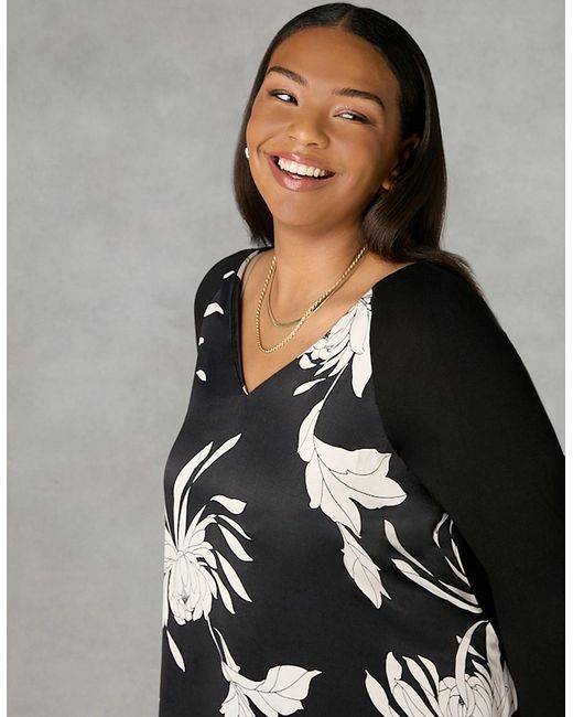 Live Unlimited London Black Stone Floral Print Satin Front High Low Tunic