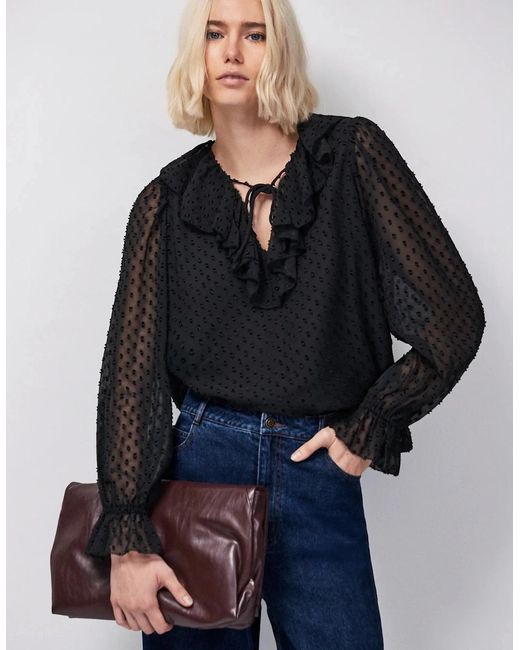Ro&zo Black Dobby Ruffle Front Blouse