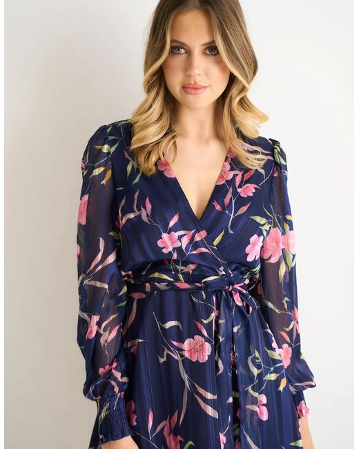 Gini London Blue Floral Print Shimmer Stripe Chiffon Wrap Mini Dress