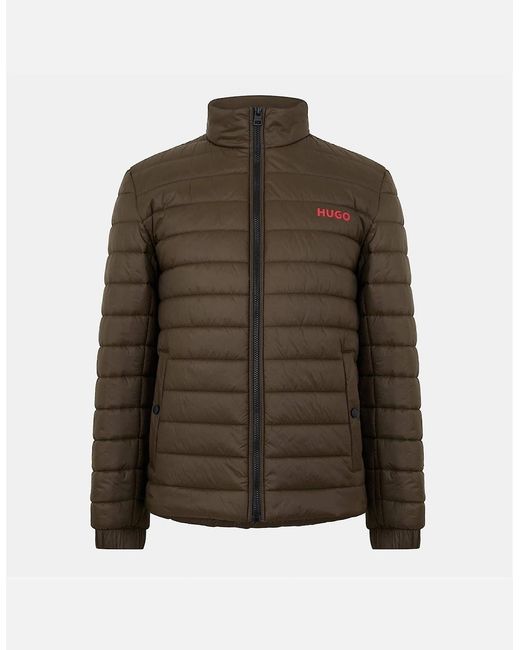 Boss Brown Horizontal Stripe Patterned Printed Logo Ribbed Cuff Puffer Jacket for men