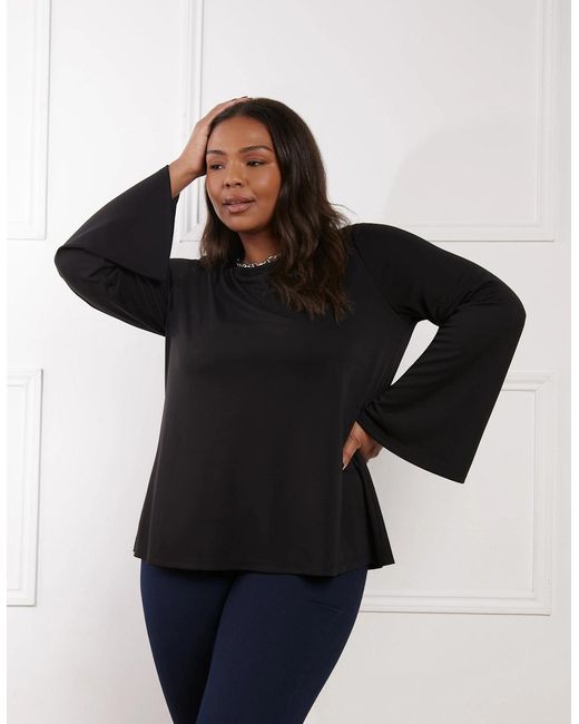 Live Unlimited London Black Jersey Flared Sleeve Top