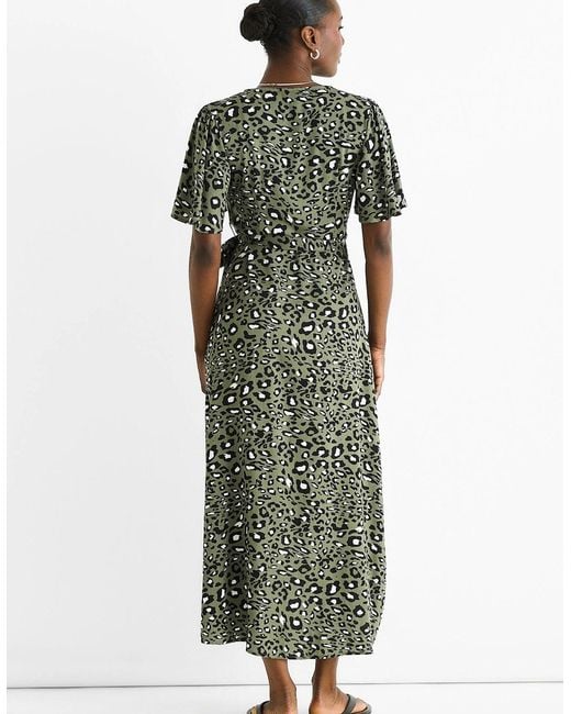 Gini London Green Khaki Animal Print Viscose Wrap Midi Dress