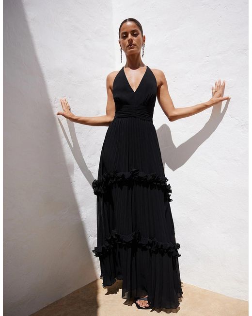 Ro&zo Black Sienna Pleated Frill Maxi Dress