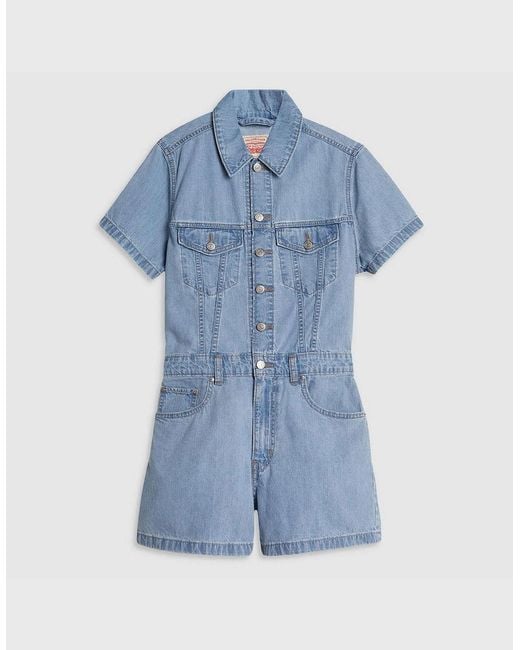 Levi's Blue Levi's Collared Neck Short Sleeve Solid Patterned Playsuit