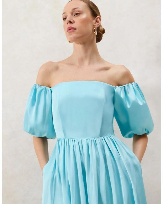 Ro&zo Blue Alba Bardot Puff Sleeve Maxi Dress