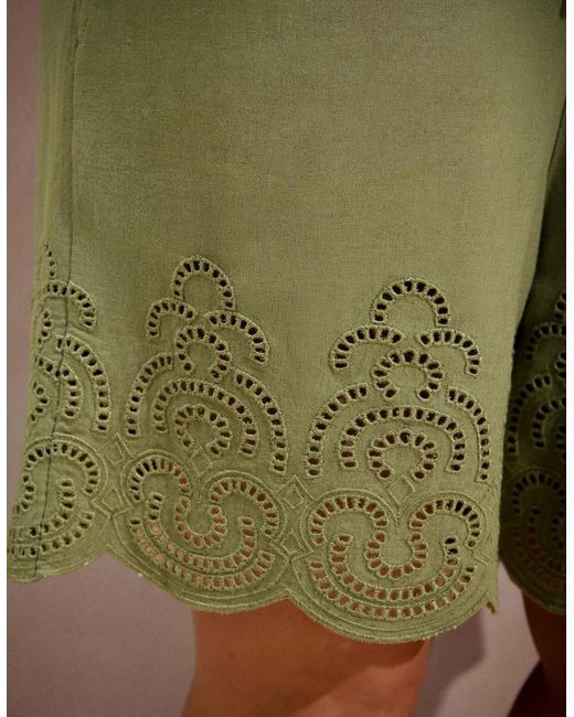 Live Unlimited London Green Linen Blend Broderie Shorts