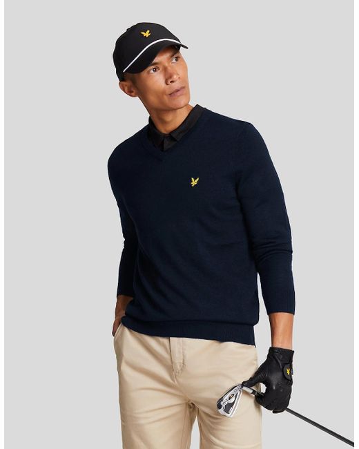 Lyle & Scott Blue Golf Wool Blend V Neck Jumper for men