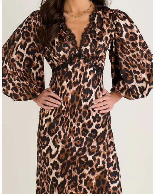 Gini London Multicolor Animal Lace Trim Satin Bias Midi Dress