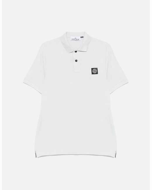 Stone Island White Compass Patch Piquet Polo Sky for men