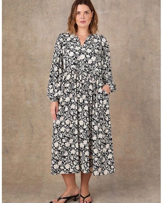Live Unlimited London Black Petite Floral Print Tie Neck Midaxi Dress