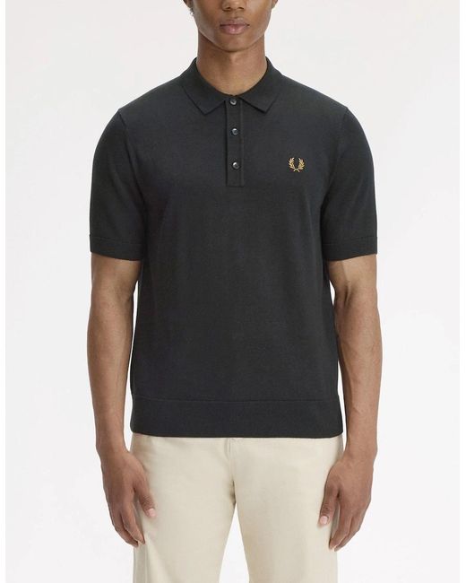 Fred Perry Black Cotton Knitted Polo Shirt for men
